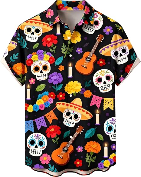 Bowling Shirts for Men Print Short Sleeve Regular Fit Hawaiian Casual Button Down Beach Shirts - skull tshirt