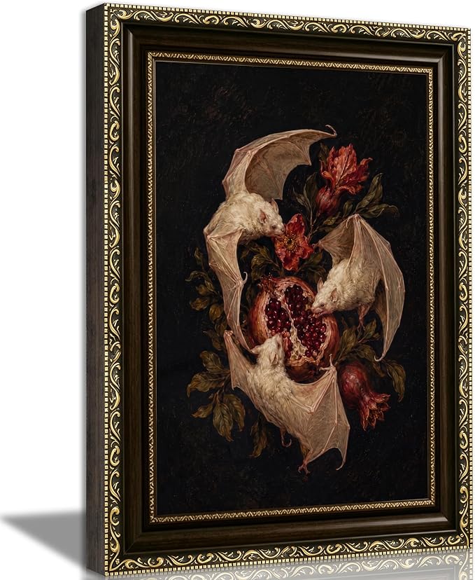 Vintage Gold Framed Gothic Bats Wall Art, Dark Academia Wall Decor - skull painting