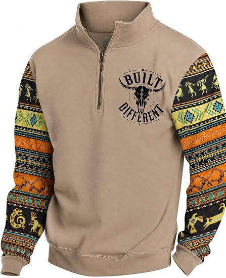 Men's Western Quarter Zip Sweatshirt Country Cowboy Pullover Tops - skull jacket