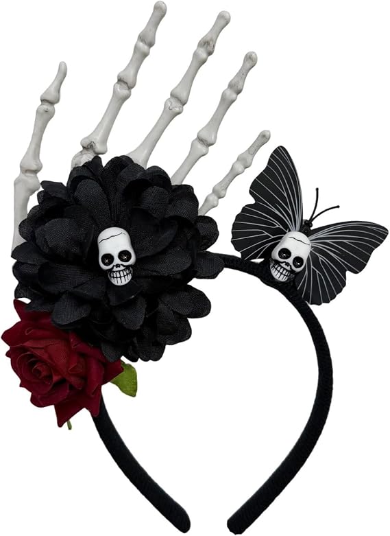Gothic Skeleton Hand Headband with Skull, Roses & Butterfly for Women - skull headband