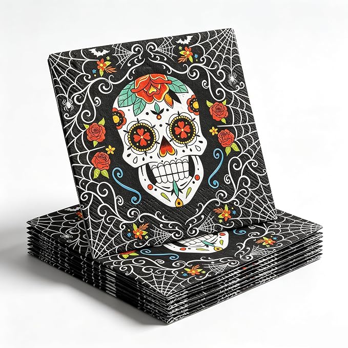 Halloween Napkins Black Cocktail Skull Rose 100 Pack Disposable - skull plate