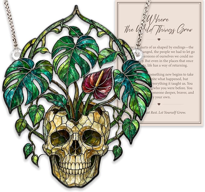 Skull Suncatcher, Gothic Botanical Skull Ornament, Stained Glass Style Window Hanging, Monstera and Anthurium Decor, Plant Lover Gift, Spooky Present for Gothic Home Decor - sugar skull ornament