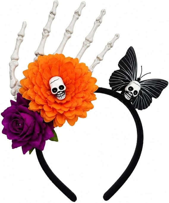 Gothic Skeleton Hand Headband with Skull, Roses & Butterfly for Women - skull headband