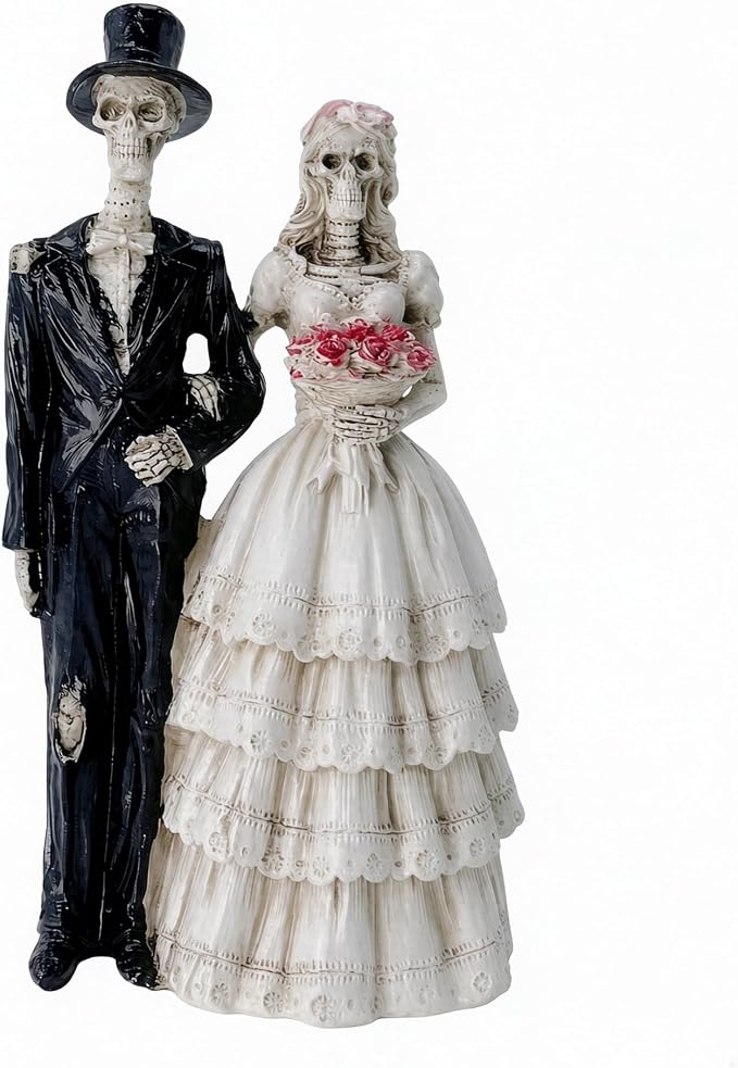 Gothic Skeleton Couple Figurine, Dark Romance Skull Newlyweds Resin Statue, Day of the Dead Bride and Groom Sculpture, Wedding Party Ornament for Home Bookshelf Tabletop Decoration - skull figurine