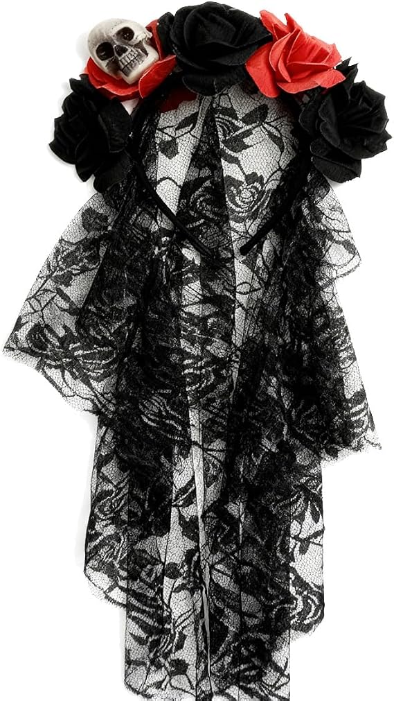Halloween Floral Crown Headband with Black Veil Skull - skull headband
