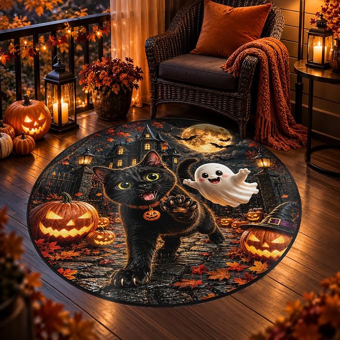 Black Cat Halloween Round Rug Ghost Pumpkin Circle Area Rug Welcome Mat