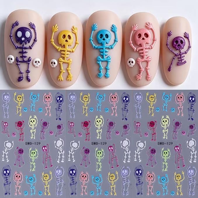 5D Embossed Colorful Skeleton Nail Stickers 3PCS Halloween Dancing Skull Nail Art Stickers Self-Adhesive Fun Halloween Gothic Nail Art Decorations Supplies for Women - skull sticker
