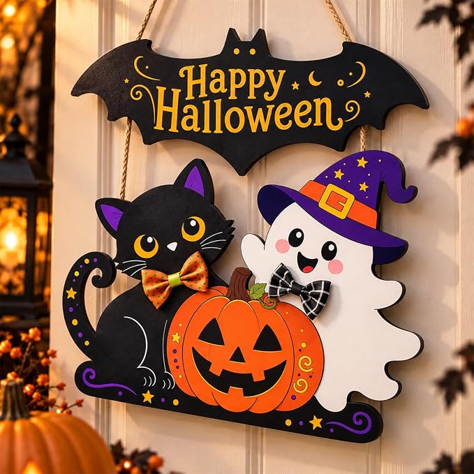Halloween Door Sign, Wooden Ghost Black Cat Door Wreath for Decor