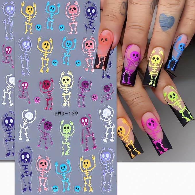 Halloween Skull Nail Art Stickers Decals 2 Sheets 5D Embossed Colorful Skeleton Nail Decals Colorful Cartoon Skull Design Halloween Nail Stickers Manicure Accessories for Women Nail Art Decorations - skull sticker