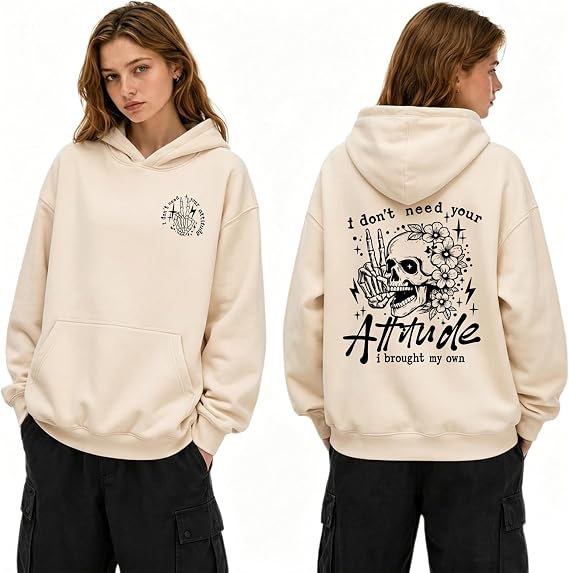 Skull Flower Gothic Graphic Hoodie for Teens Y2K Goth Streetwear Pullover I Don't Need Your Attitude Printed Hoodies - skull sweatshirts