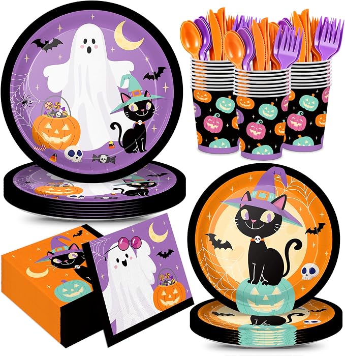 168PCS Halloween Black Cat Ghost Paper Plates Napkins Party Supplies Set - skull plate