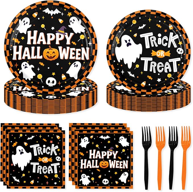 200Pcs Halloween Tableware,Happy Halloween Plates and Napkins,Forks - skull plate