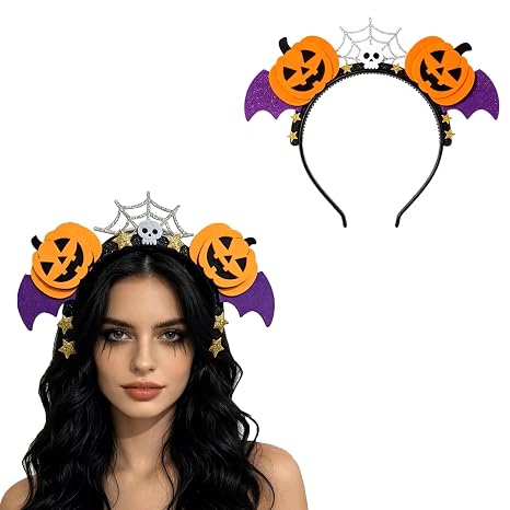 SINSEN Halloween Pumpkin Headband Witch Pumpkin Hair Accessories Wacky Skull Hair Hands Sequin Bow Headband Halloween Party Hair Band Accessories for Women Holiday Hairband 1PC - skull headband