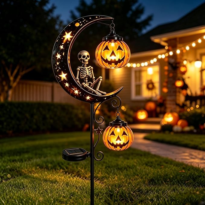 Solar Halloween Skull & Pumpkin Moon Garden Stake Light, Outdoor Waterproof LED Yard Decoration with Crescent Moon, Decorations with Pumpkins Lantern for Patio, Yard, Lawn, Pathway (Skull)