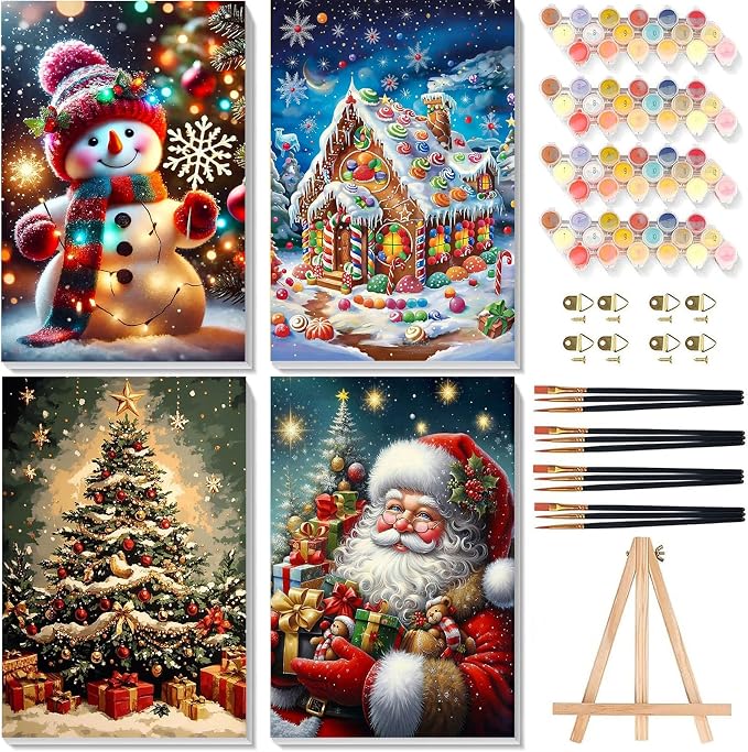Christmas Paint by Numbers for Adults with Framed Canvas - Wooden Easel - skull painting