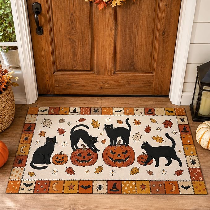 Halloween Door Mat, Vintage Halloween Black Cat Pumpkin Door Mat, Gothic Welcome Mat with Maple Leaves Bats Spiders Design for Halloween Front Patio Porch Entryway Indoor Decor (17.7 x 29.5 Inch) - skull door mat