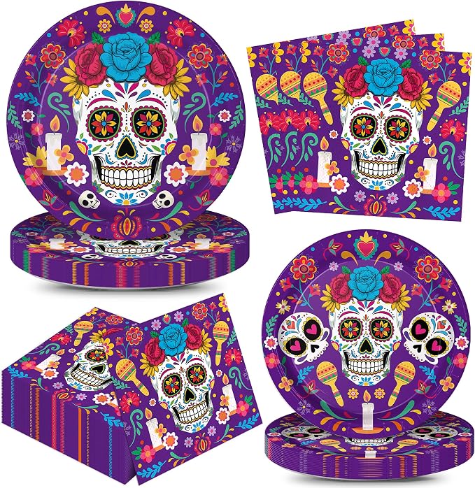 150Pcs Day of The Dead Plates and Napkins Dia de Los Muertos Party Supplies - skull plate