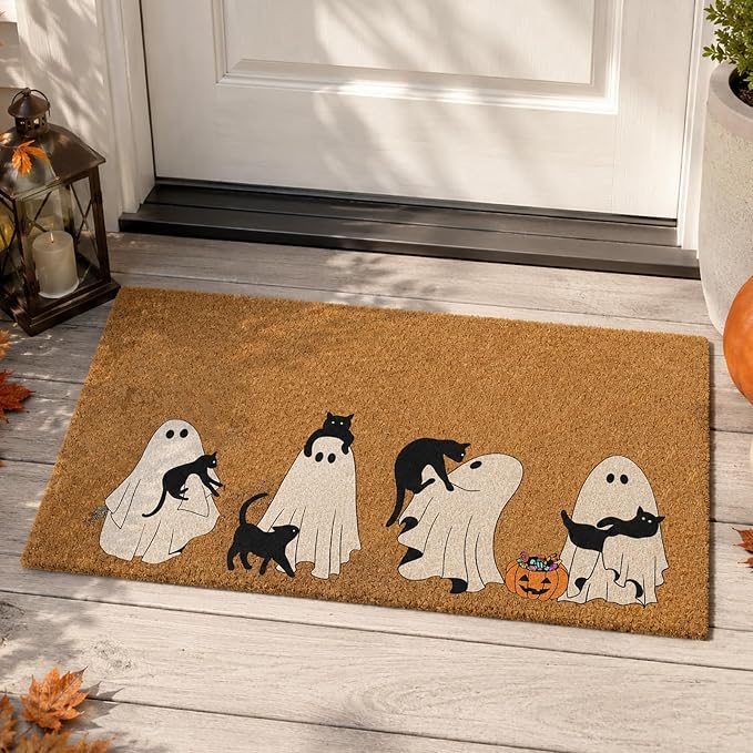 Halloween Door Mat, Ghost Black Cats Outdoor Welcome Doormat, Welcome Doormat with Cute Ghost Design for Entryway Patio Porch Indoor Decor(17.7 x 29.5 Inch)