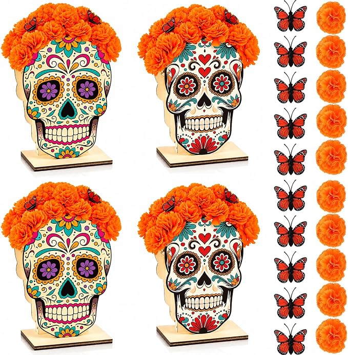 4 Pcs Day of The Dead Sugar Skull Decoration with Marigolds & Butterfly - skull candle