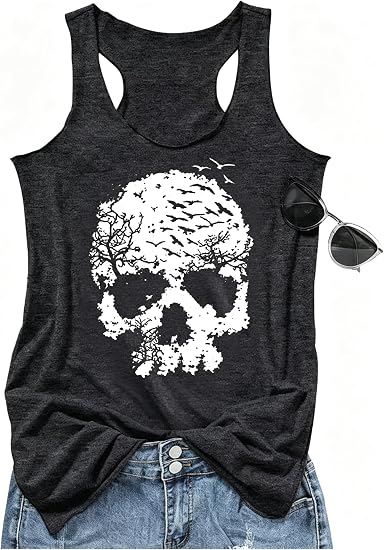 hcihgzr Womens Funny Skull Skeleton Gothic Graphic Racerback Tank Tops - skull tank tops