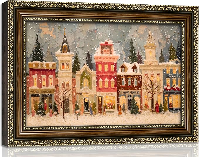 Vintage Gold Framed Christmas Wall Art, Winter Snow Town Canvas Prints - skull painting