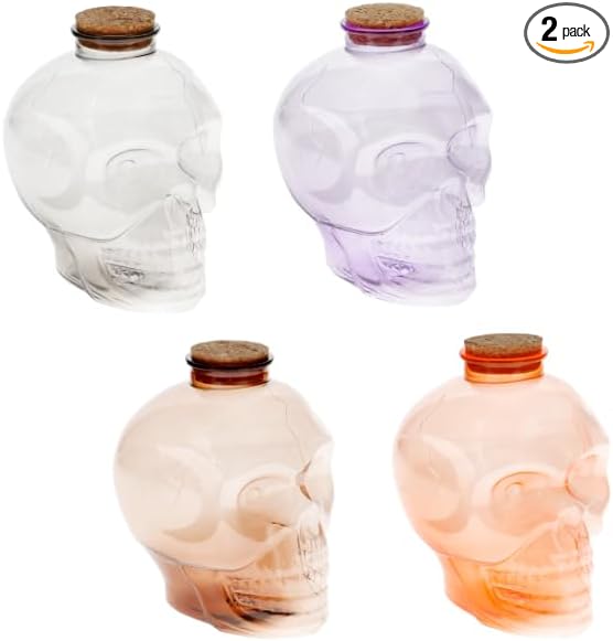 Greenbrier Halloween Skull Plastic Bottles with Cork Stoppers, Set of 2