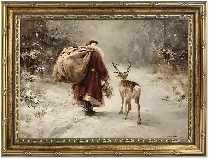 Gold Framed Vintage Santa Claus Wall Art,Reindeer Christmas Pictures wall decor,Forest Snowy Holiday Artwork Canvas Prints for Living Room Bedroom 12x16 inch - skull wall art