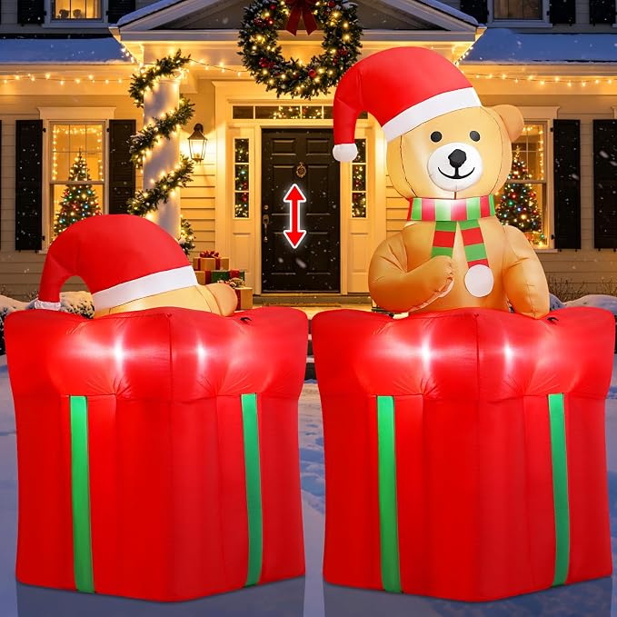 5.5FT Christmas Inflatable Rising Teddy Bear, Animated Lift Up Bear in Gift Box with Built-in LED Lights, Outdoor Blow Up Christmas Yard Decorations for Lawn, Garden, Front Yard, Porch Holiday Decor - skull inflatable
