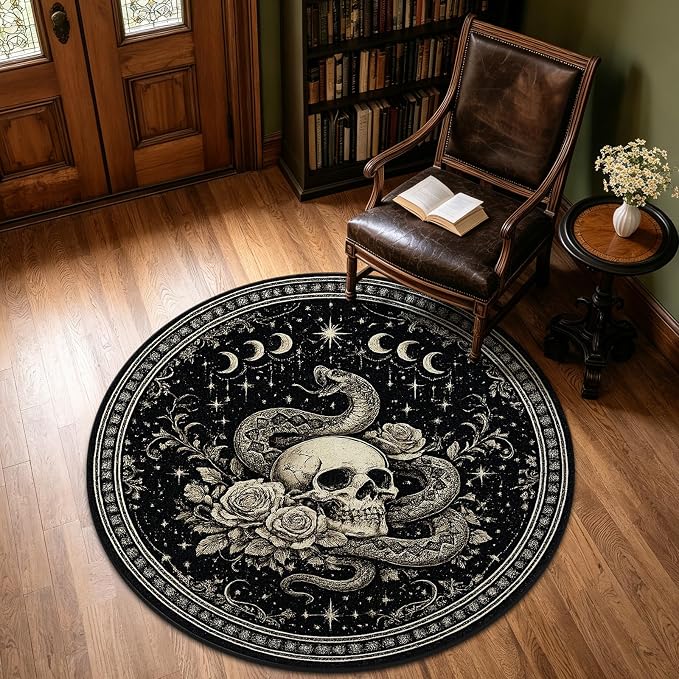 HOMETITUTE Halloween Gothic Round Area Rug 4 FT Skull Decorations - skull carpet