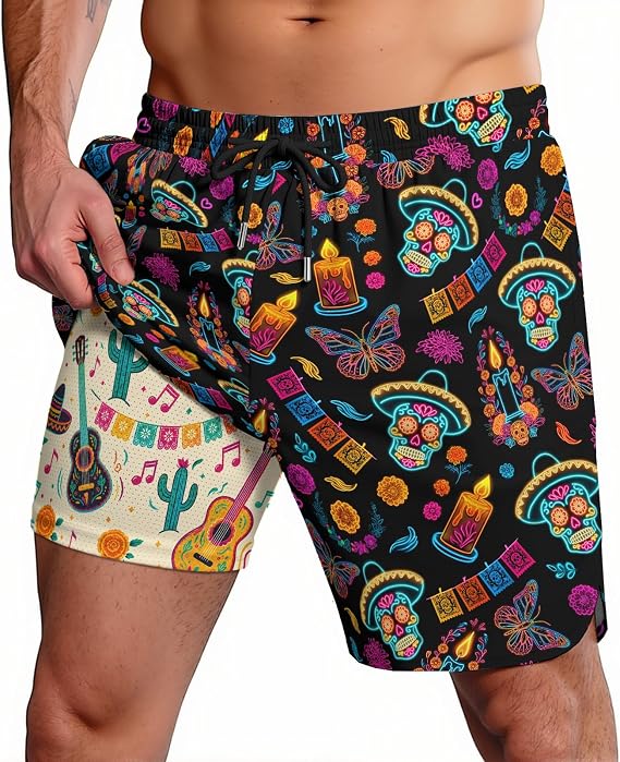 BJE Men Funny Printed Swim Trunks 2 in 1 Novelty Beach Board Shorts - skull candle