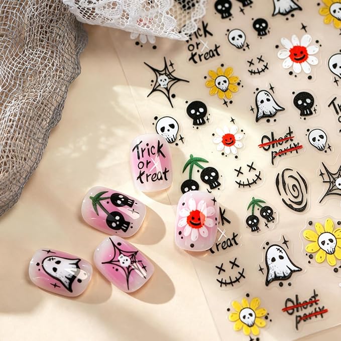 Halloween Nail Stickers Skull Ghost Flower Trick Or Treat Nail Art Stickers - skull sticker
