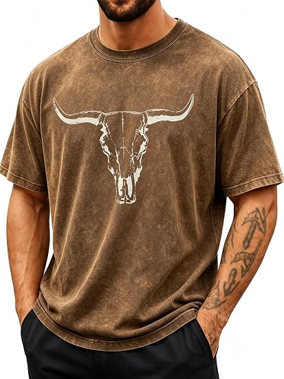 Mens Western Country Cowboy Shirts Boho Bull Skull Graphic Shirt - skull tshirt