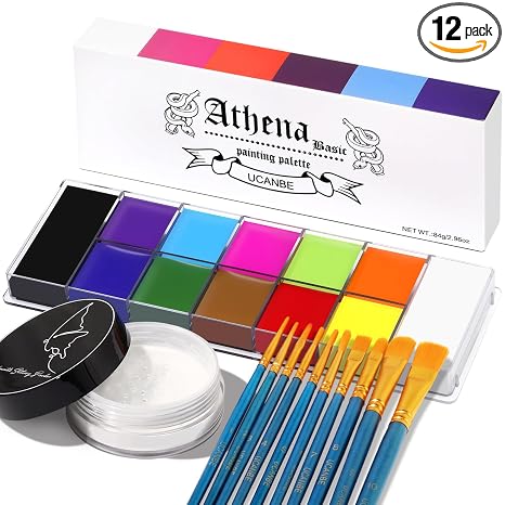 UCANBE Athena Basic Face Body Paint Kit - 12 Colors Oil Painting Palette + Translucent Setting Powder + 10 Brushes, SFX Facepaint Pallet Set for Halloween Cosplay Party Stage Theater Costume Makeup - sugar skull makeup