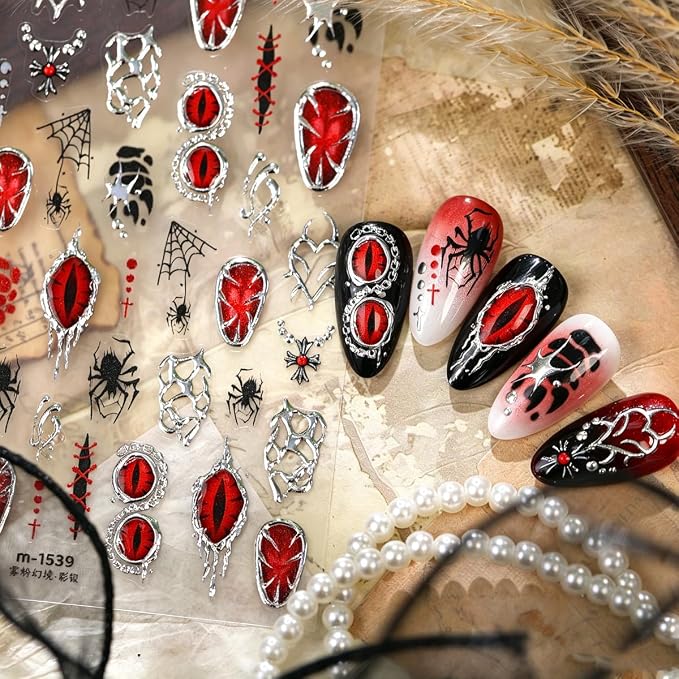 5D Embossed Halloween Gothic Nail Stickers, Red Evil Eye Nail Decals. - skull sticker