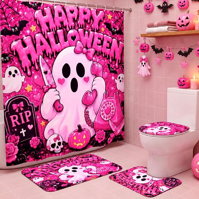 Mixweer 4 Pcs Pink Halloween Ghost Shower Curtain Set, Bathroom Decor Rugs