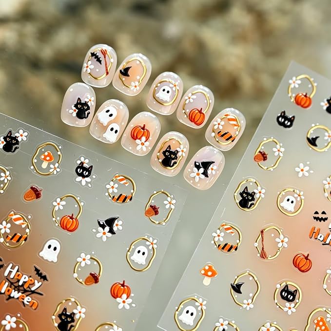 Halloween Nail Stickers, Cute Ghost Black Cat Pumpkin Nail Art Stickers - skull sticker