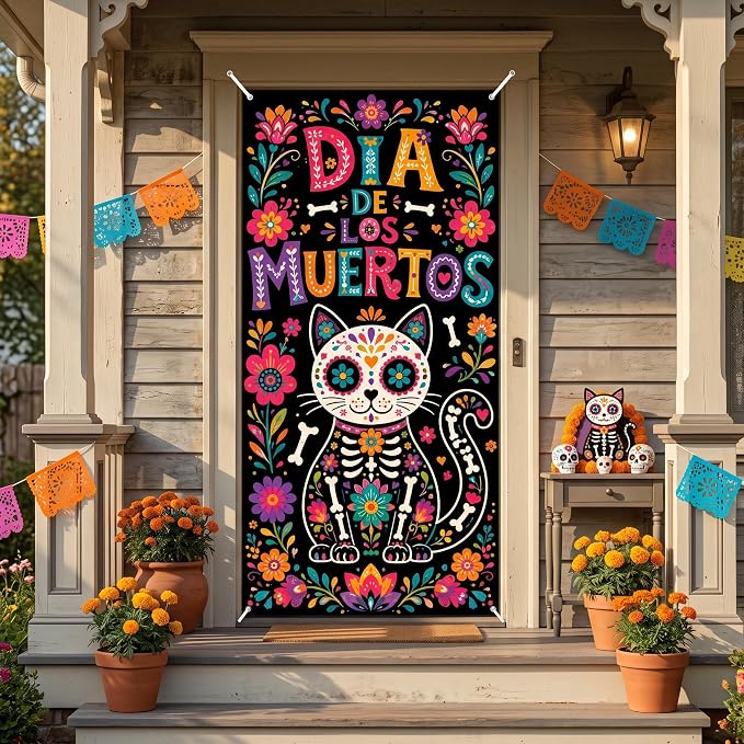 Skull Cat Day of the Dead Door Cover Dia de los Muertos Banner - skull floor mat