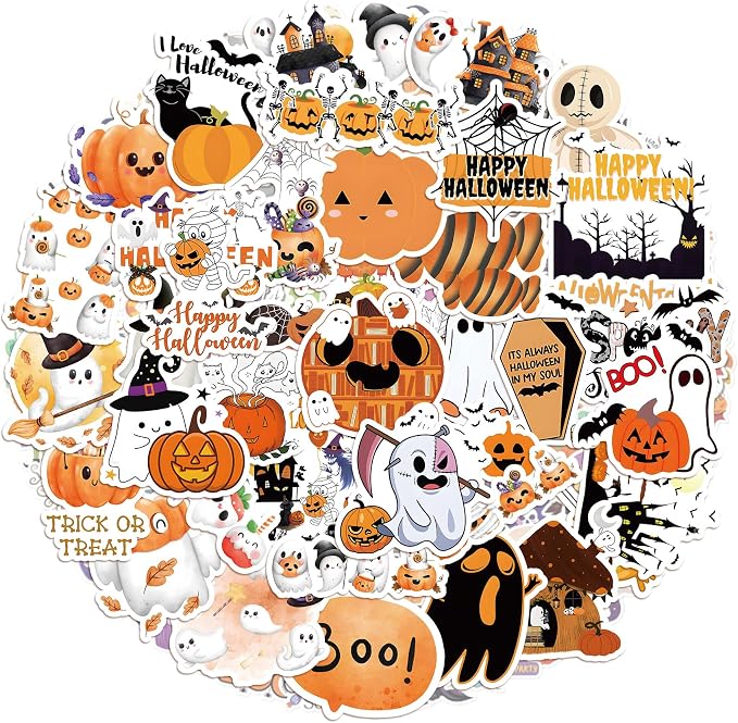 Halloween Stickers, Halloween Stickers for Kids, 50 PCS Halloween Party Favor Sticker Bulk, Self-Adhesive Vinyl Waterproof Orange Halloween Crafts Gifts Decal Sticker for Laptop Water Bottle Scrapbook - skull sticker