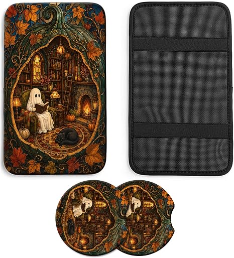 Cozy Ghost Library Halloween Car Armrest Cover with 2 Coasters - skull coaster