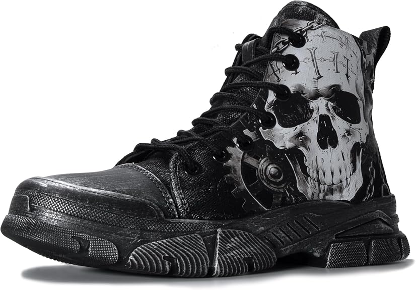 Men’s Gothic Skull Canvas Combat Boots, Women’s Casual Punk Boots