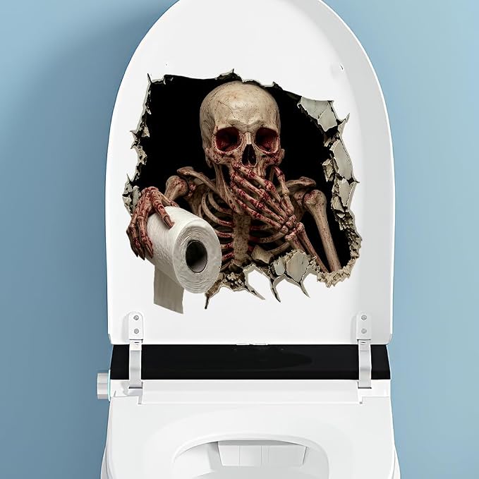 Halloween 3D Cracked Wall Toilet Lid Stickers, Spooky Figure with Toilet Paper Self-Adhesive PVC Decals, Funny Horror Bathroom Toilet Cover Tank Decor for Halloween House Party(Skeleton) - skull toilet paper
