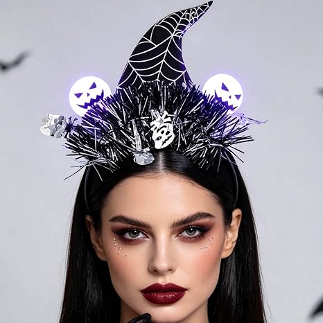 Gangel Light Up Halloween Headbands LED Witch Hat Hairband Festive Costume Cosplay Hair Accessories for Women - skull headband