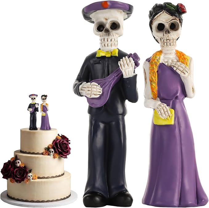 Day of Dead Skeleton Bride&Groom Cake Toppers for Halloween Wedding Party - skull figurine