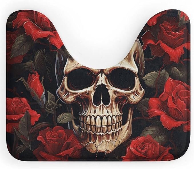 Skull Rose-Red Toilet Rugs U-Shaped 16" X 20" Super Absorbent - skull toilet mat