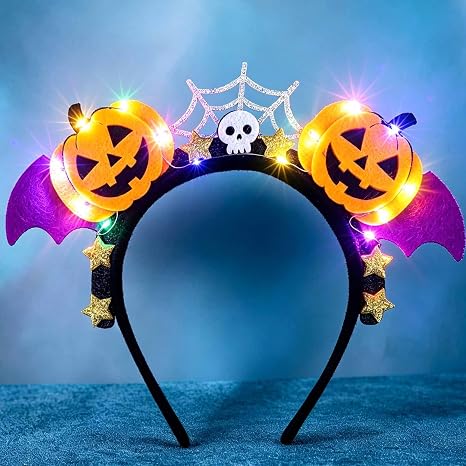 Acenail Halloween Headband Light up Pumpkin Headbands LED Web Hairbands Flashing Cute Festival Headpiece Cosplay Costume Hair Accessories for Women - skull headband