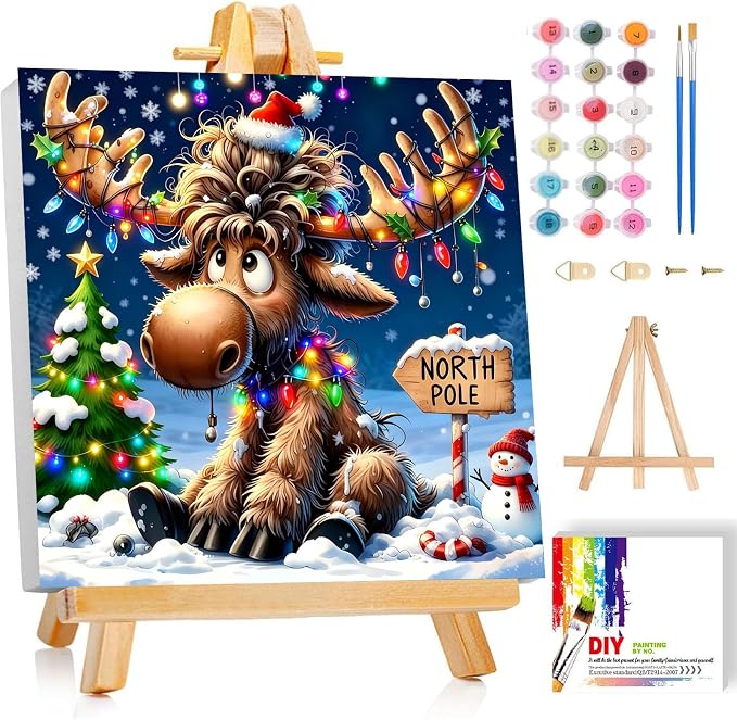 Tabszca Christmas Elk Paint by Numbers Kit for Kids with Frame 8x8 Inch - skull painting