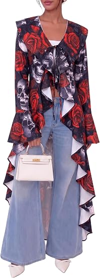 Lace Cardigan for Women Maxi Summer Lightweight Open Front Tie Bell Long Sleeve Ruffled Tops Duster Swimsuit Cover Up - skull swimsuit