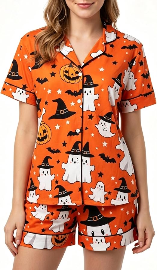 Women Halloween Pajamas Cute Ghost Pumpkin Short Sleeve and Short Set - skull pajamas