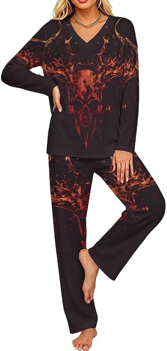 Flame Heavy Metal Skull Women's Pajama Set Long Sleeve 3X-Large - skull pajamas