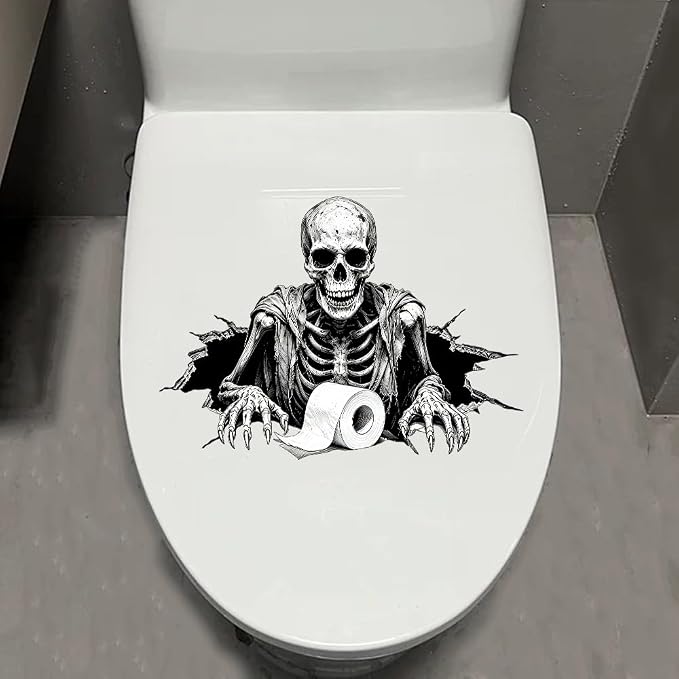 1pcs Funny Crack Skull Toilet Lid Sticker, Halloween Horror Broken Wall Skeleton Toilet Seat Cover Decal, Waterproof Spooky Death Bathroom Wall Stickers (Skeleton – 2)